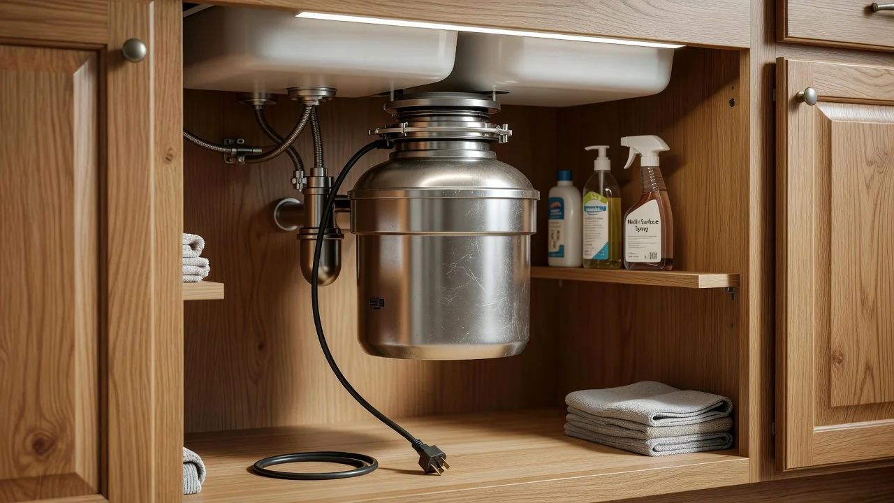 A standard under-sink garbage disposal unit with the power cord visible