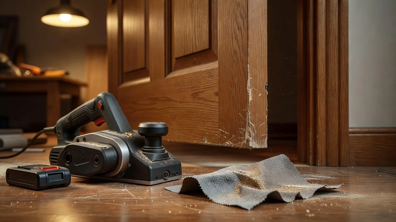 A door that sticks at the top corner with a cordless planer and sandpaper on the floor nearby