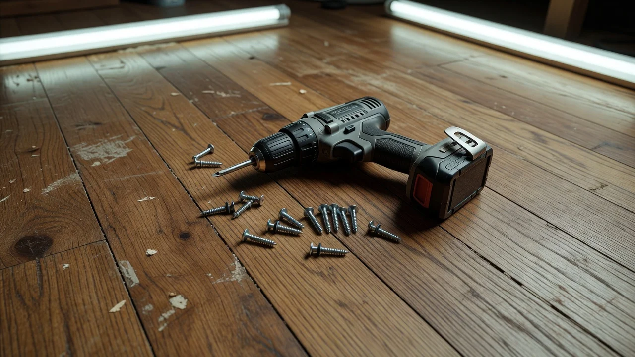 A squeaky floor fix with a drill and special break-away screws on a hardwood floor