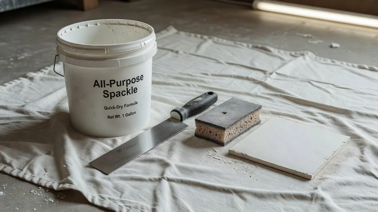 Drywall patching tools on a drop cloth with spackle, sanding sponge, and a taping knife